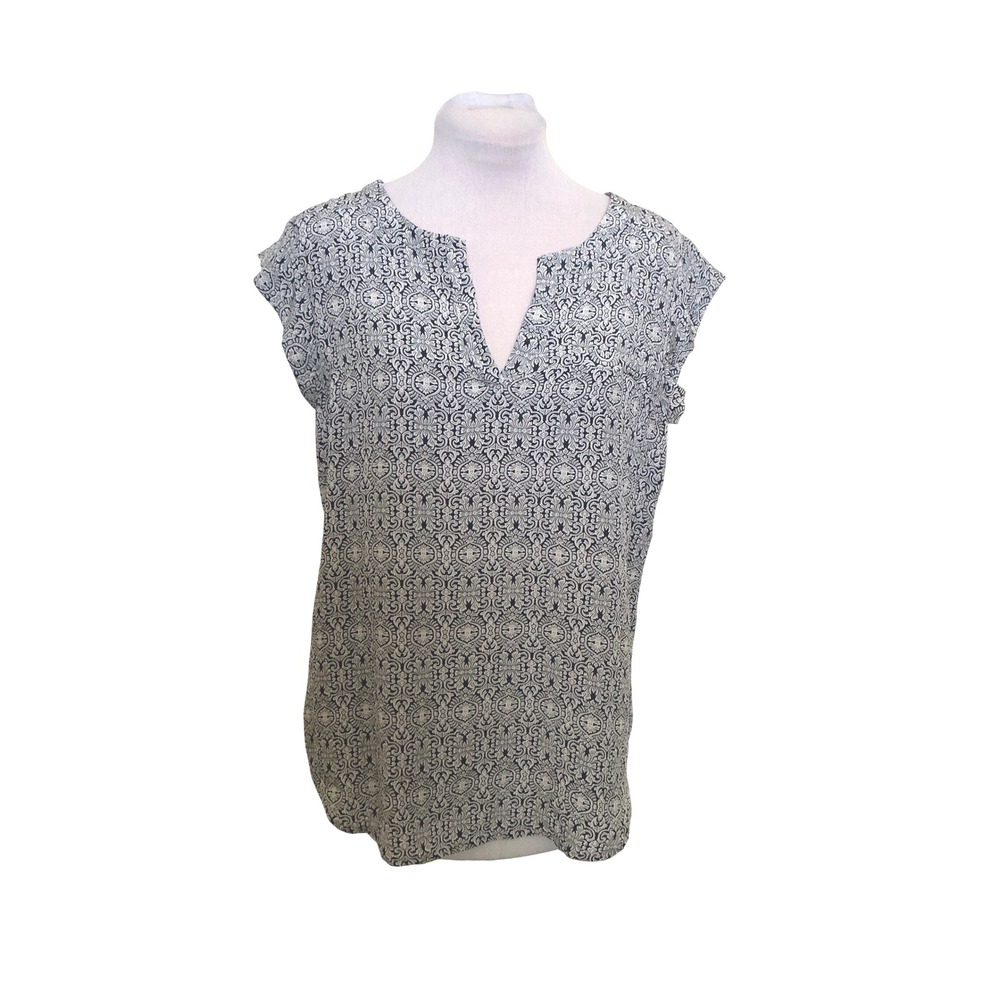 Cynthia Rowley 100% Silk Blouse Womens Small Blue Ivory Medallion Cap Sleeve Top
